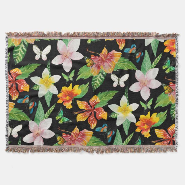 Tropical Flowers & Butterflies pattern Throw Blanket (Front)
