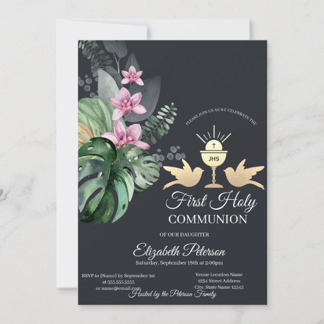 Tropical Flowers Chalice First Holy Communion   Invitation (Front)
