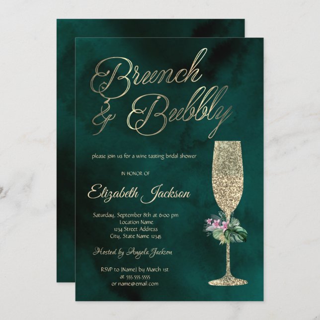 Tropical Flowers Champagne Glass Green Invitation (Front/Back)