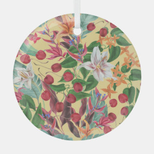 Tropical Flowers Cherry: Watercolor Seamless Patte Glass Tree Decoration