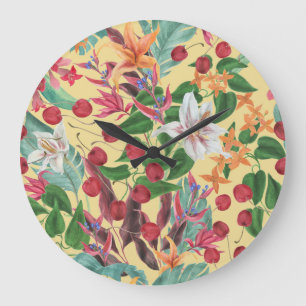 Tropical Flowers Cherry: Watercolor Seamless Patte Large Clock