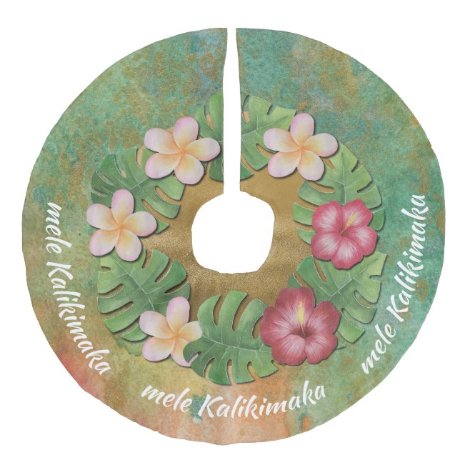 Tropical Flowers & Colour mele Kalikimaka Christma Faux Linen Tree Skirt (Front)