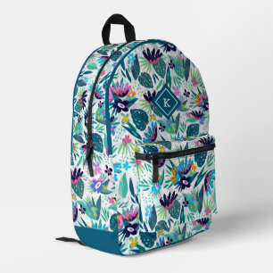 Tropical flowers colourful pattern monogram printed backpack