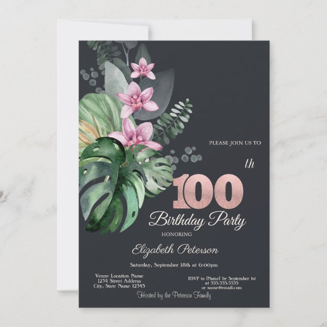 Tropical Flowers Dark 100th Birthday  Invitation (Front)