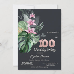 Tropical Flowers Dark 100th Birthday  Invitation