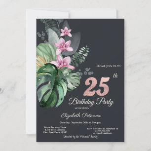 Tropical Flowers Dark 25th Birthday Invitation