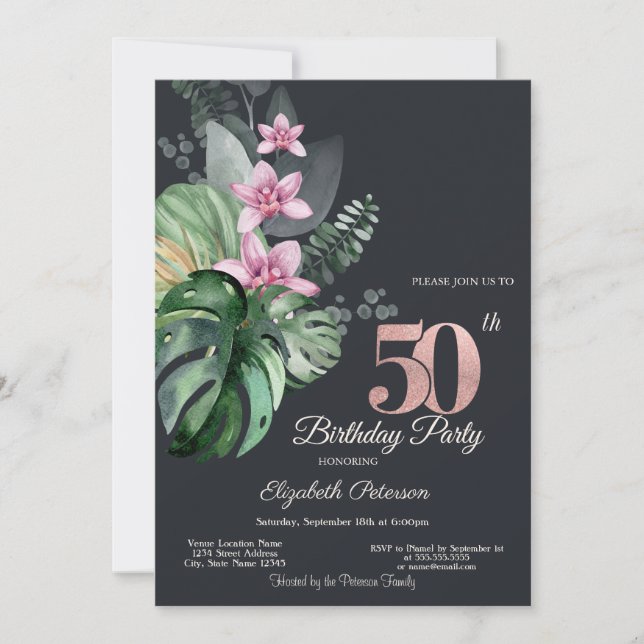 Tropical Flowers Dark 50th Birthday  Invitation (Front)