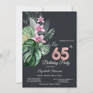 Tropical Flowers Dark 65th Birthday Invitation