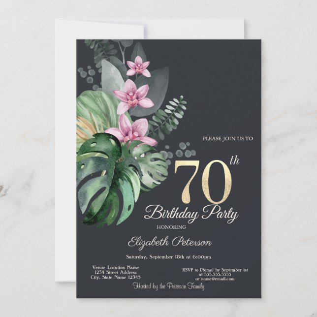 Tropical Flowers Dark 70th Birthday  Invitation (Front)