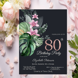 Tropical Flowers Dark 80th Birthday Invitation