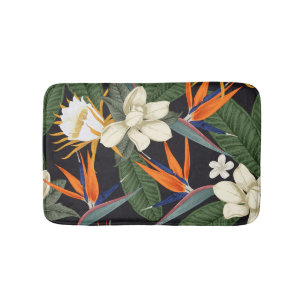 Tropical flowers, dark background, floral seamless bath mat