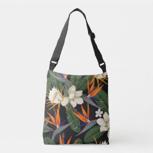 Tropical flowers, dark background, floral seamless crossbody bag
