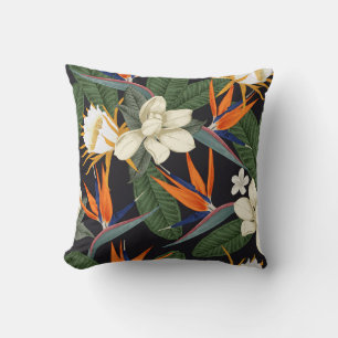 Tropical flowers, dark background, floral seamless cushion