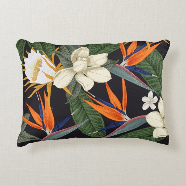 Tropical flowers, dark background, floral seamless decorative cushion (Front)