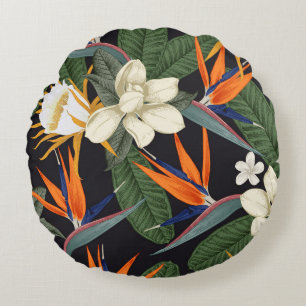 Tropical flowers, dark background, floral seamless round cushion