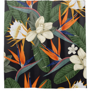 Tropical flowers, dark background, floral seamless shower curtain