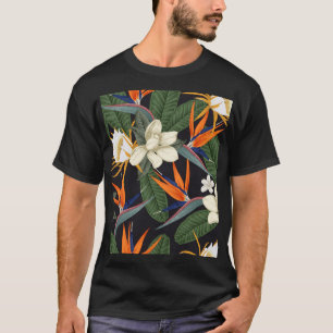 Tropical flowers, dark background, floral seamless T-Shirt