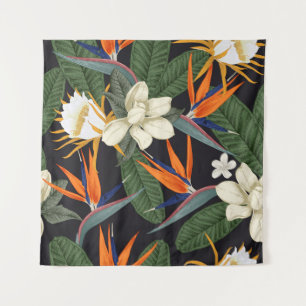 Tropical flowers, dark background, floral seamless tapestry