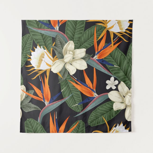 Tropical flowers, dark background, floral seamless tapestry (Front)
