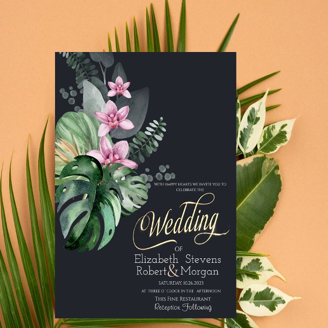Tropical Flowers Dark Wedding Invitation (Creator Uploaded)