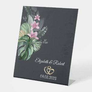 Tropical Flowers Dark Wedding Pedestal Sign