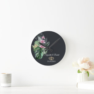Tropical Flowers Dark Wedding Round Clock