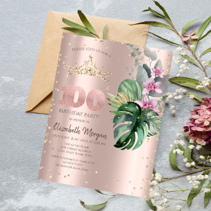 Tropical Flowers Diamonds Rose Gold 100th Birthday Invitation
