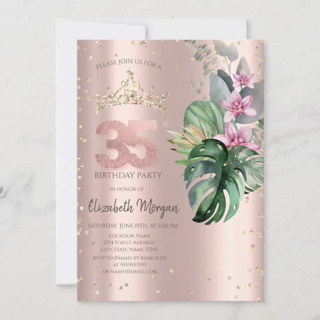 Tropical Flowers Diamonds Rose Gold 35th Birthday Invitation (Front)