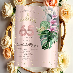 Tropical Flowers Diamonds Rose Gold 65th Birthday Invitation