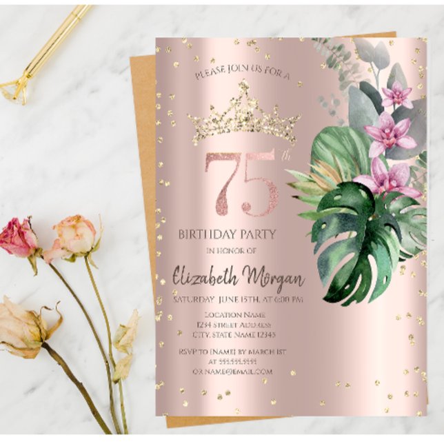 Tropical Flowers Diamonds Rose Gold 75th Birthday Invitation (Creator Uploaded)