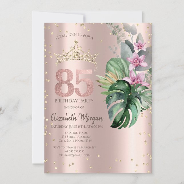 Tropical Flowers Diamonds Rose Gold 85th Birthday Invitation (Front)