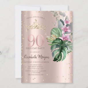 Tropical Flowers Diamonds Rose Gold 90th Birthday Invitation