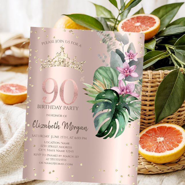 Tropical Flowers Diamonds Rose Gold 90th Birthday Invitation (Creator Uploaded)