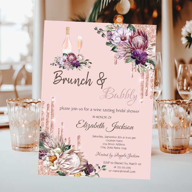 Tropical Flowers Drips Pink Brunch & Bubbly  Invitation (Creator Uploaded)