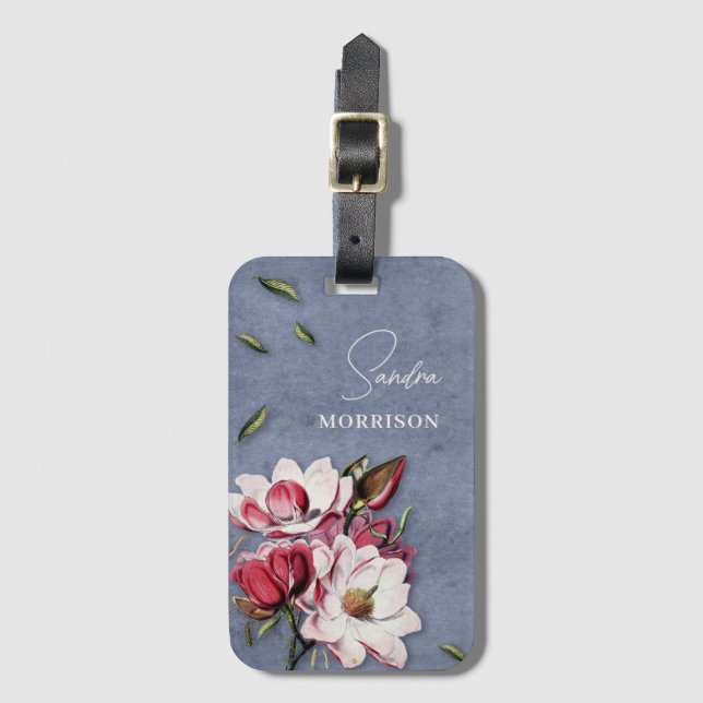 Tropical Flowers Dusty Blue Monogram Name Luggage Tag (Front Vertical)