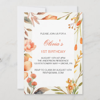 Tropical Flowers First Birthday Invitation