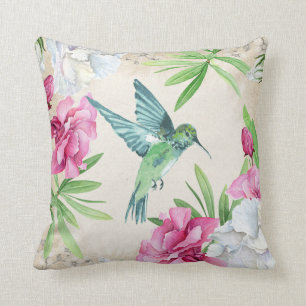 Tropical Flowers Flying Hummingbird Cushion