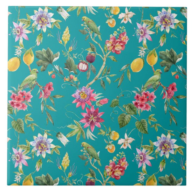 Tropical Flowers, Fruit and Birds Teal   Ceramic Tile (Front)