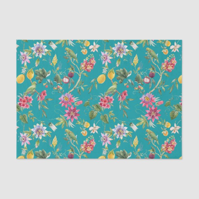 Tropical Flowers, Fruit and Birds Teal  Tissue Paper (Front)