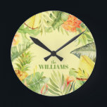 Tropical Flowers Fruit Greenery Round Clock<br><div class="desc">Your name is featured on a clock with watercolor tropical flowers,  fruits and greenery on a soft pale green background. MATCHING items in our store.</div>