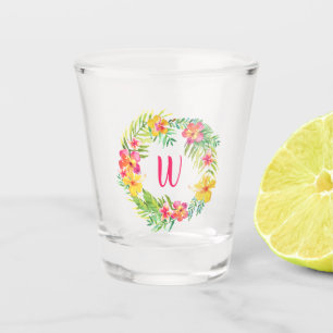Tropical Flowers Fuchsia Pink Monogram Shot Glass