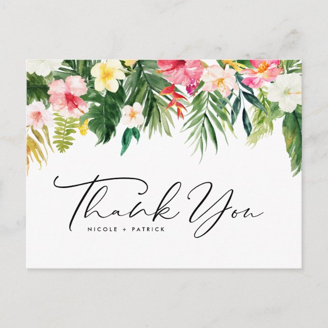 Tropical Flowers Garland Wedding Thank You Postcard (Front)