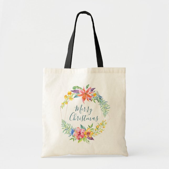 Tropical flowers & geometric frame Merry Christmas Tote Bag (Front)