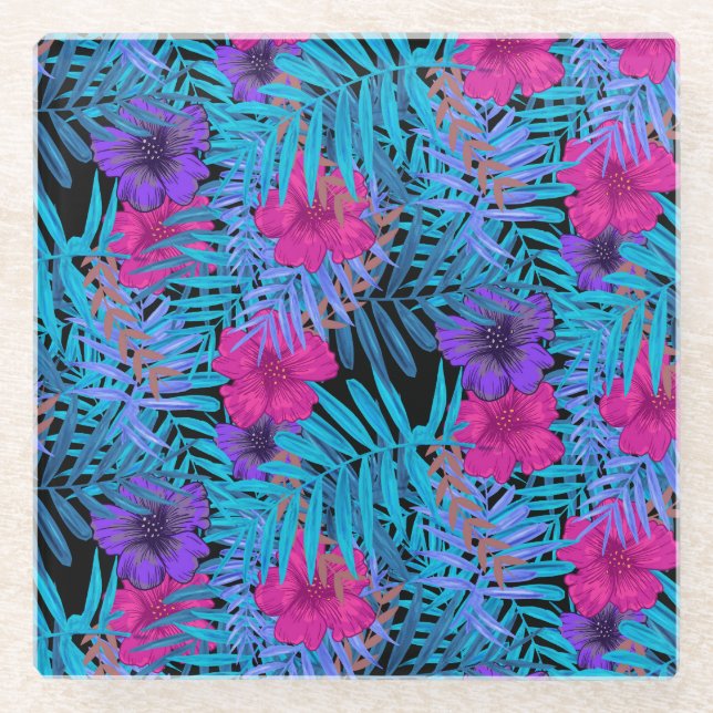Tropical Flowers Glass Coaster (Front)