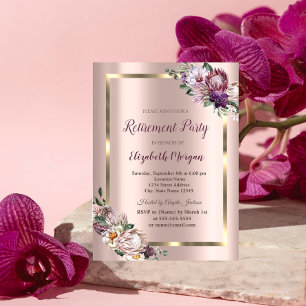 Tropical Flowers Gold Frame,Rose Gold Retirement  Invitation