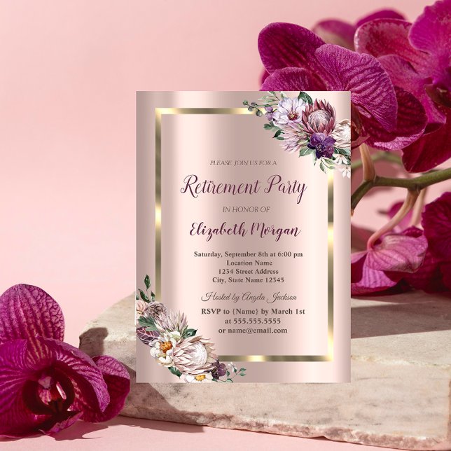 Tropical Flowers Gold Frame,Rose Gold Retirement  Invitation (Creator Uploaded)