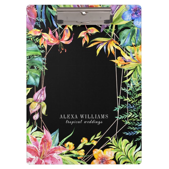 Tropical flowers gold geometric frame clipboard (Front)