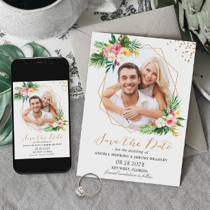 Tropical Flowers Gold Geometric Photo Save The Date