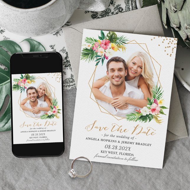 Tropical Flowers Gold Geometric Photo Save The Date (Creator Uploaded)