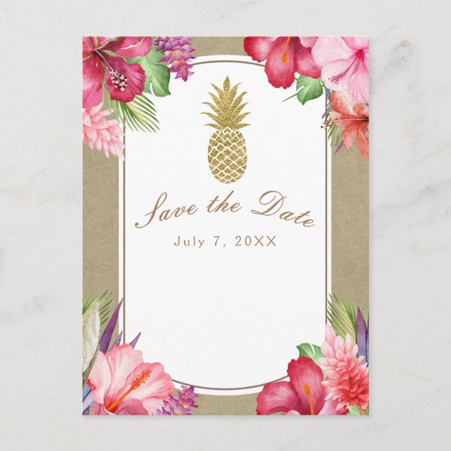 Tropical Flowers & Gold Pineapple Save the Date Announcement Postcard (Front)